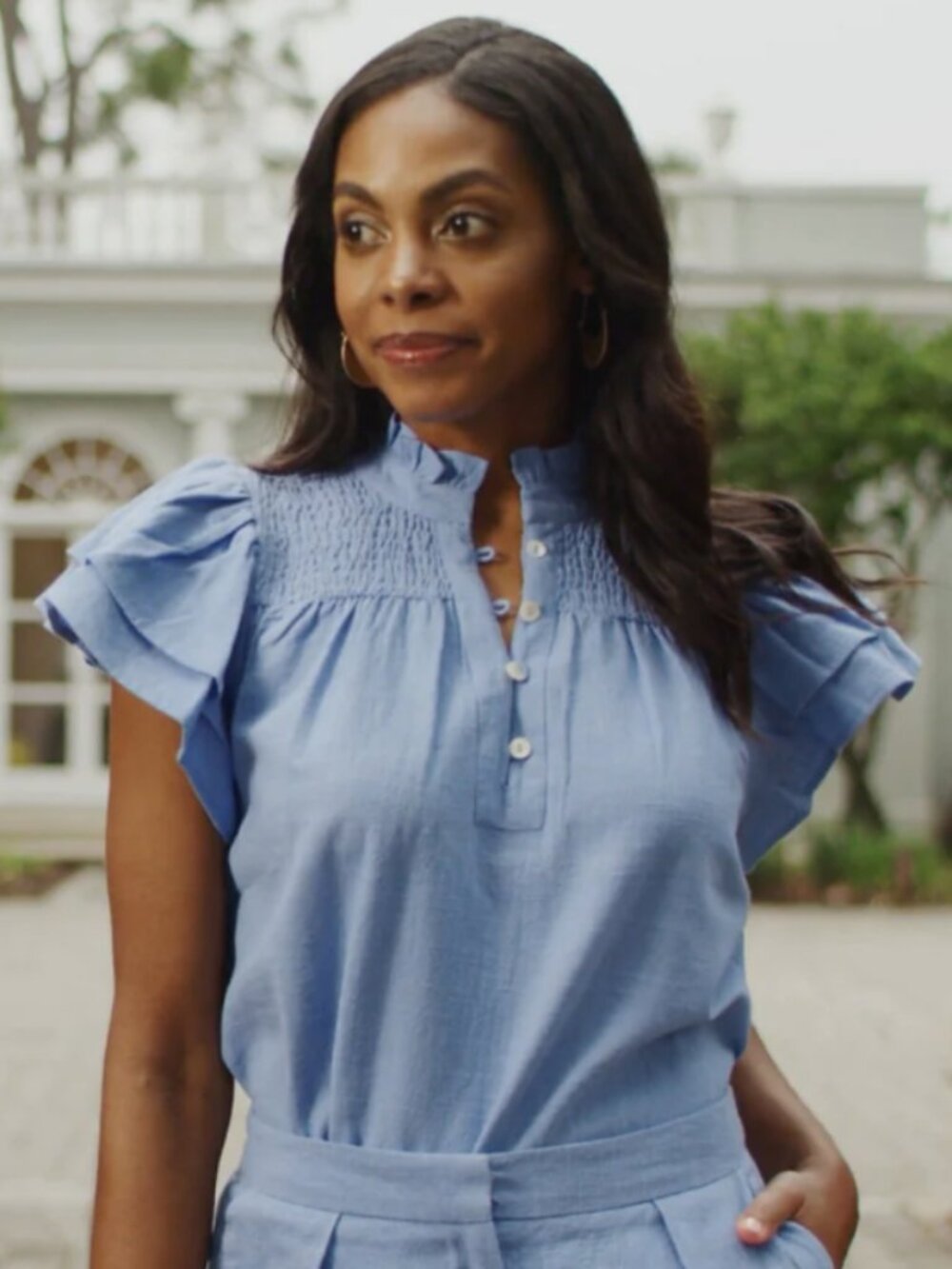 Never a Wallflower Cameo Blue Smocked Top